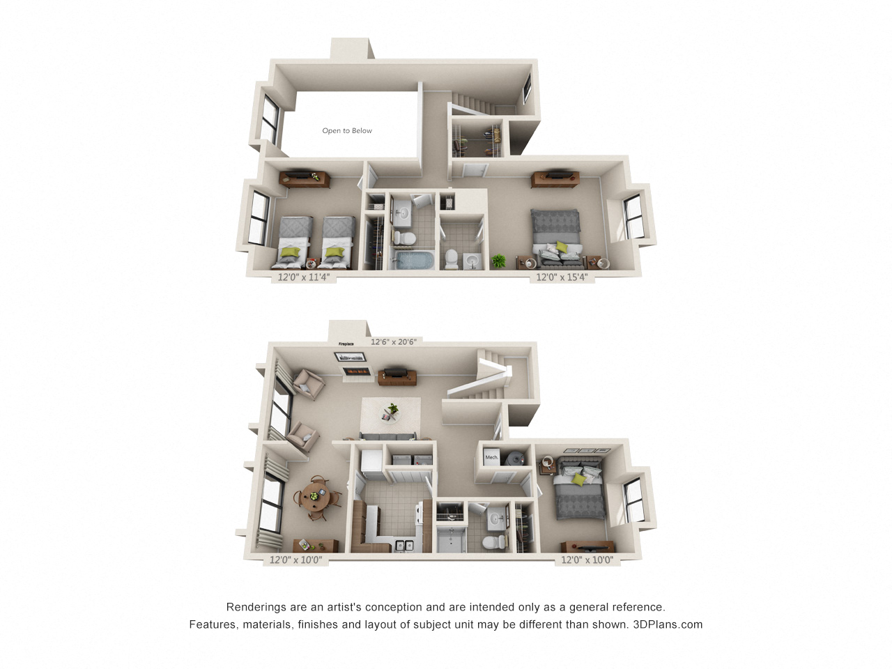 Floor plan for 3 beds, 2.5 baths, 1559 sqft